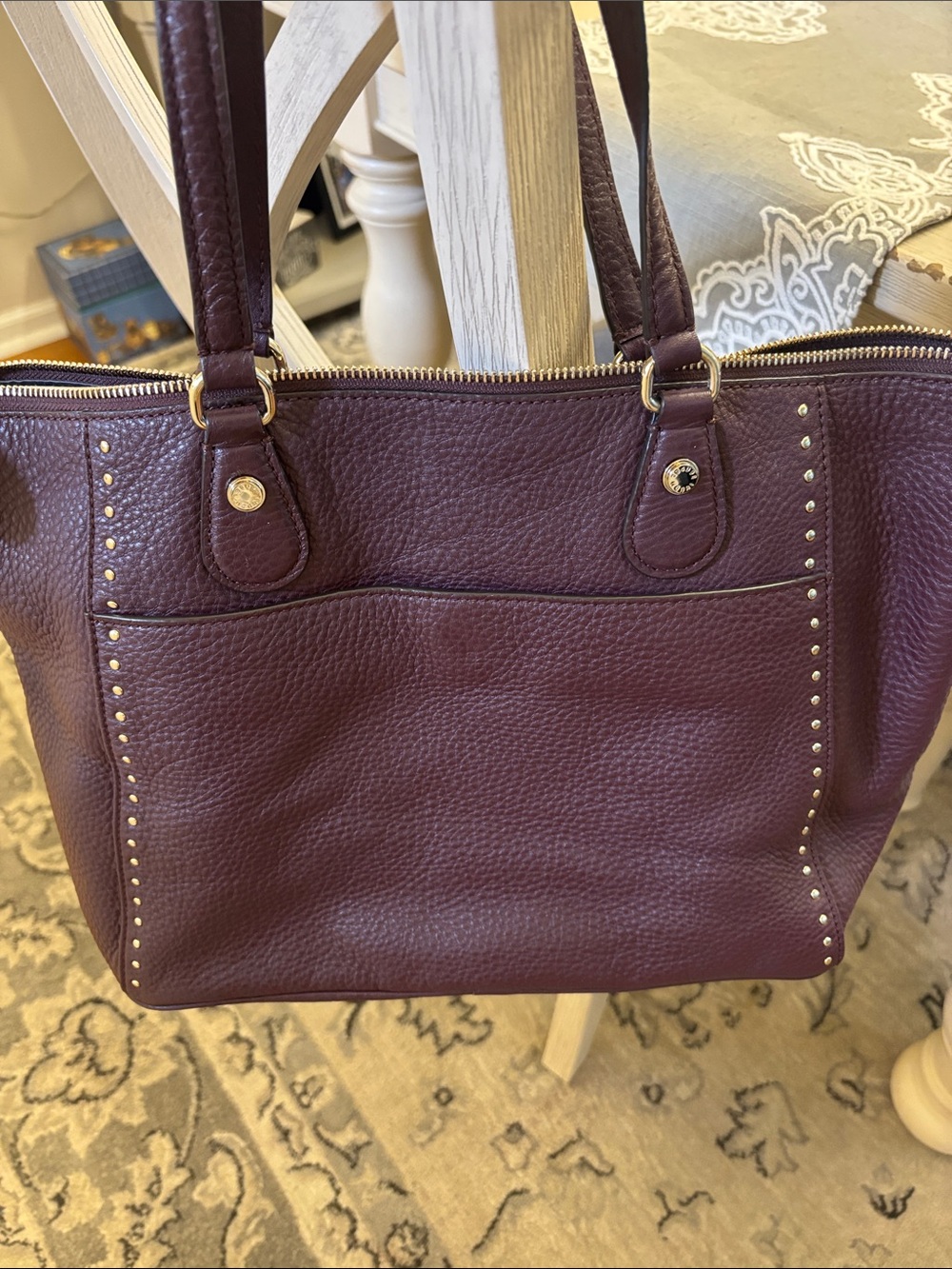Henri bendel Pebbled Dakota studded Leather Tote in Plum with Gold Hardware - Picture 7 of 10